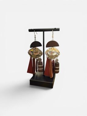 Boho Mixed-Material Dangle Earrings in Brown and Gold